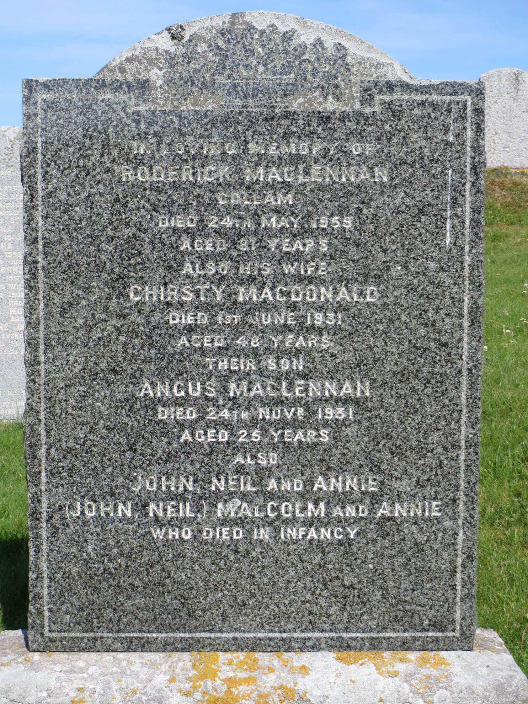 Photo of headstones/Roderick MacLennan d 1959 MI Luskentyre Old